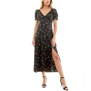 NWT Crystal Doll Black Midi Dress with Red Floral Pattern XS